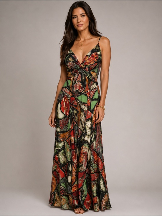 AKIRA Dresses & Skirts - AKIRA Abstract Print Maxi Dress Size M Open Back Tie Front Spaghetti Strap